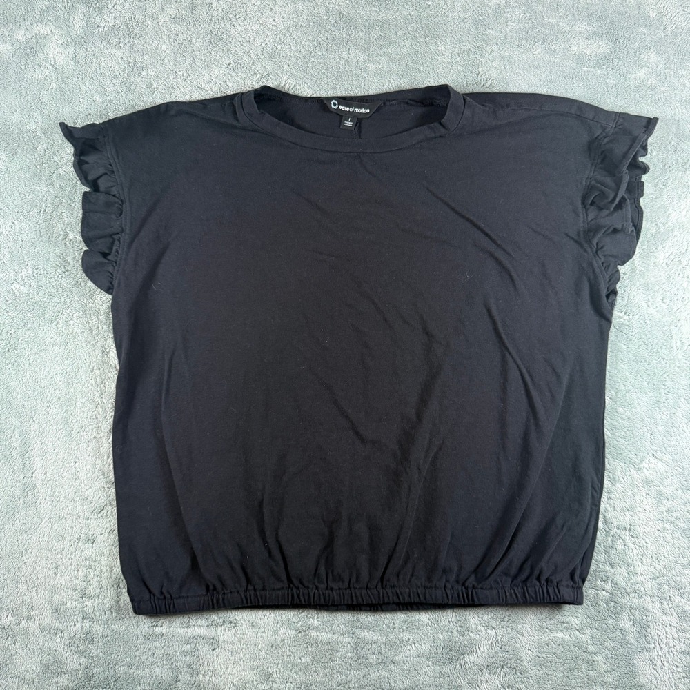 Ease of Motion Black Ruffle Cap‎ Sleeve Bubble Hem Knit Top Large L